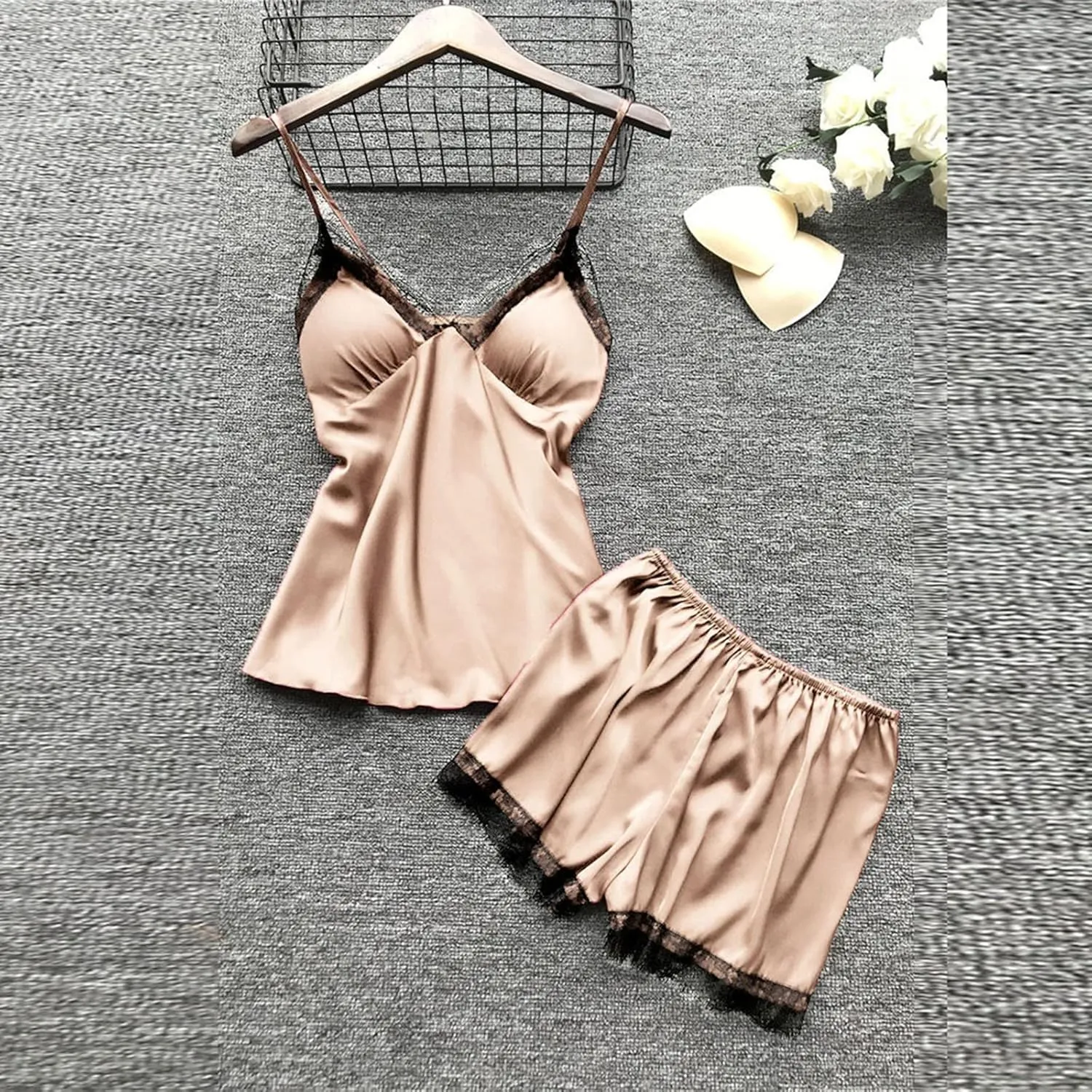 Women's 4PCS Silk Pajama Set Sexy Matching Satin Night Gowns Silky Sleepwear Soft Lace Loungewear Lingerie Pjs Sets