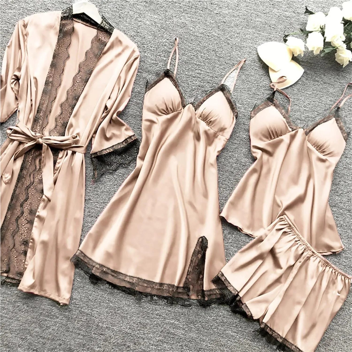 Women's 4PCS Silk Pajama Set Sexy Matching Satin Night Gowns Silky Sleepwear Soft Lace Loungewear Lingerie Pjs Sets