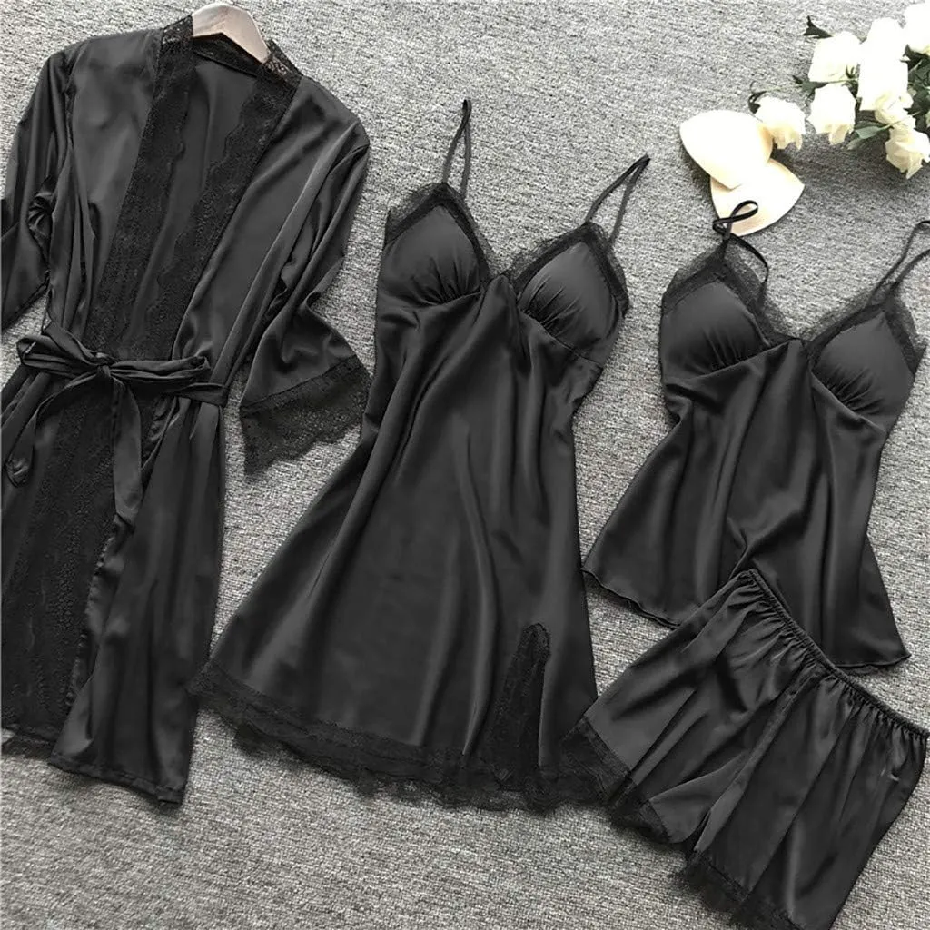 Women's 4PCS Silk Pajama Set Sexy Matching Satin Night Gowns Silky Sleepwear Soft Lace Loungewear Lingerie Pjs Sets
