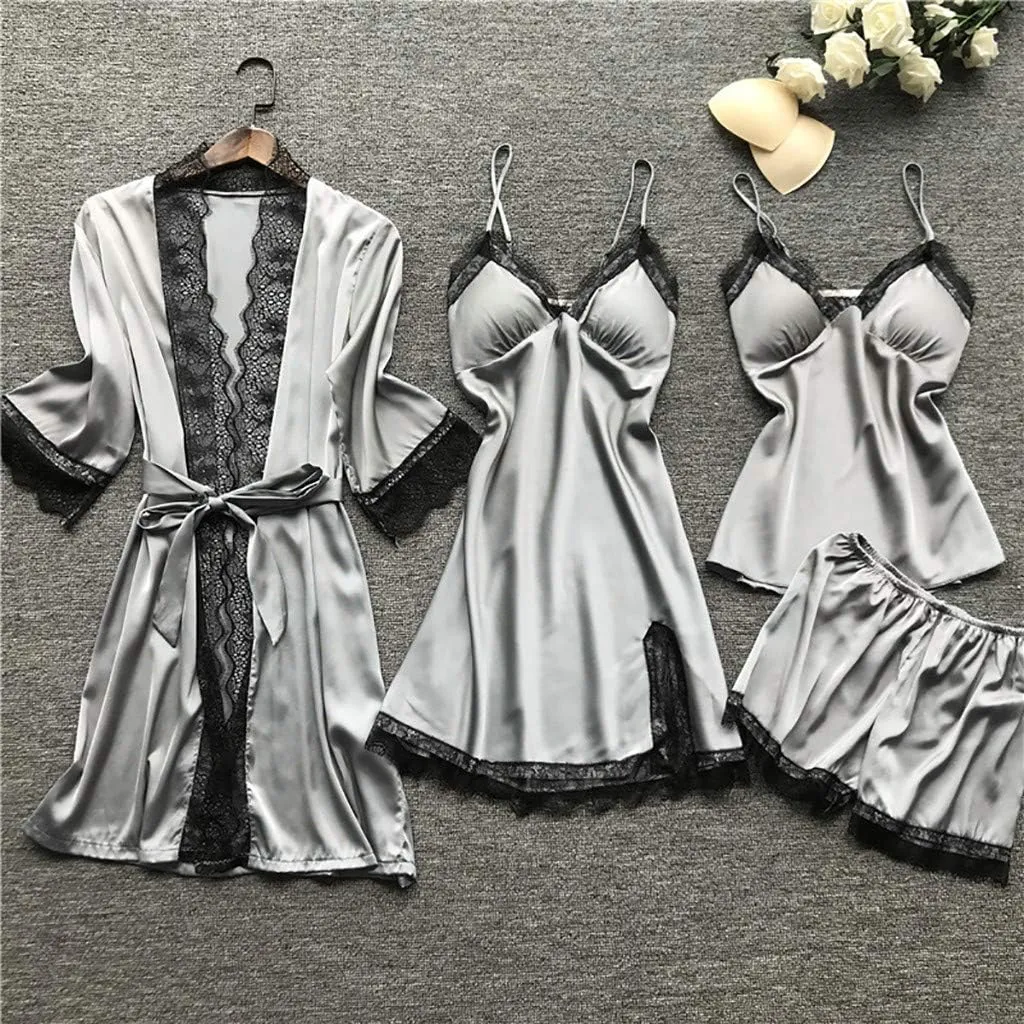Women's 4PCS Silk Pajama Set Sexy Matching Satin Night Gowns Silky Sleepwear Soft Lace Loungewear Lingerie Pjs Sets