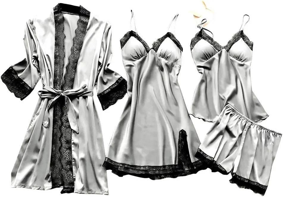 Women's 4PCS Silk Pajama Set Sexy Matching Satin Night Gowns Silky Sleepwear Soft Lace Loungewear Lingerie Pjs Sets