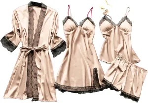 Women's 4PCS Silk Pajama Set Sexy Matching Satin Night Gowns Silky Sleepwear Soft Lace Loungewear Lingerie Pjs Sets