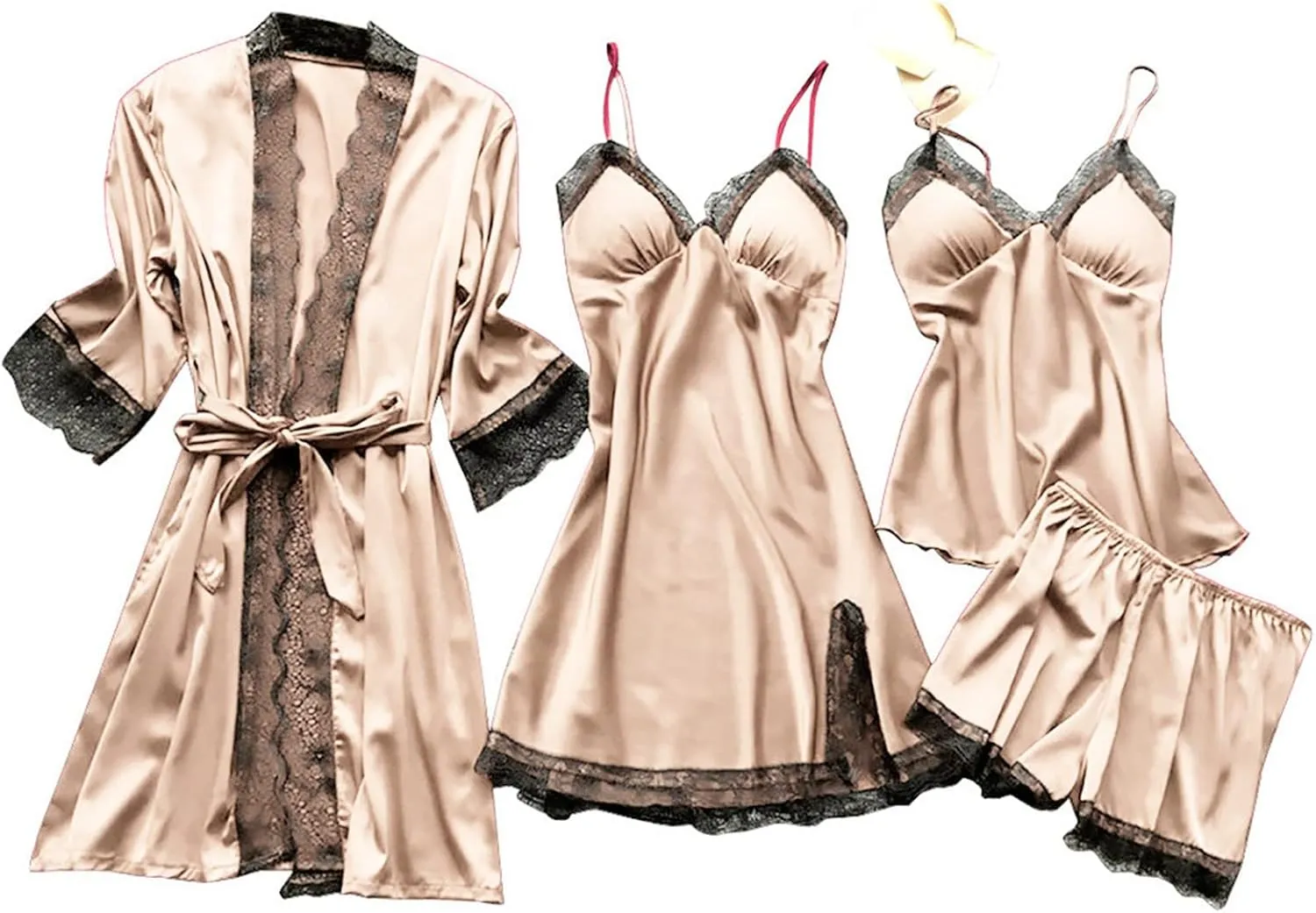 Women's 4PCS Silk Pajama Set Sexy Matching Satin Night Gowns Silky Sleepwear Soft Lace Loungewear Lingerie Pjs Sets
