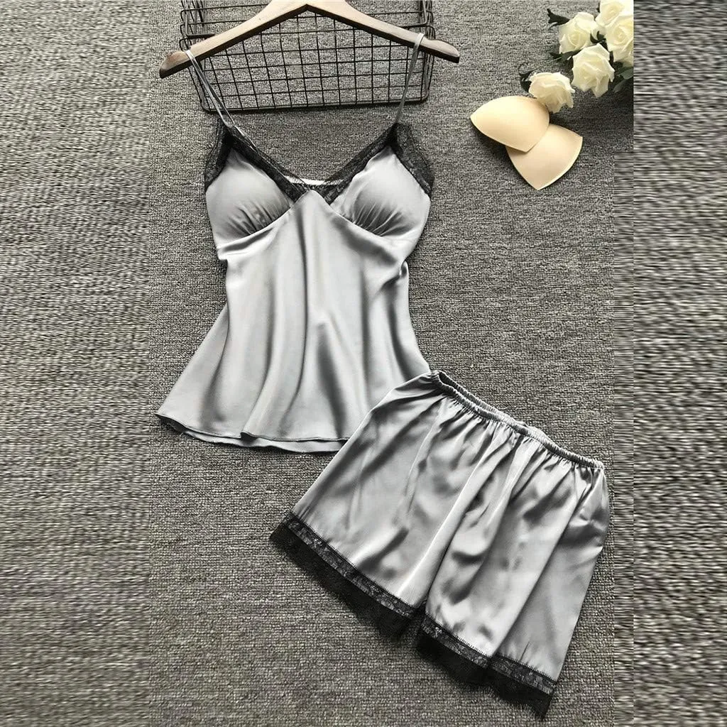 Women's 4PCS Silk Pajama Set Sexy Matching Satin Night Gowns Silky Sleepwear Soft Lace Loungewear Lingerie Pjs Sets