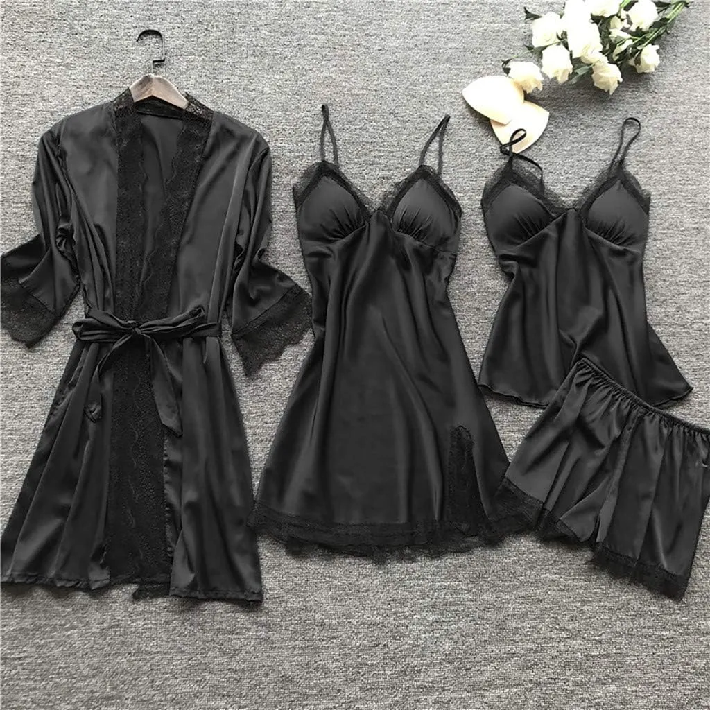 Women's 4PCS Silk Pajama Set Sexy Matching Satin Night Gowns Silky Sleepwear Soft Lace Loungewear Lingerie Pjs Sets