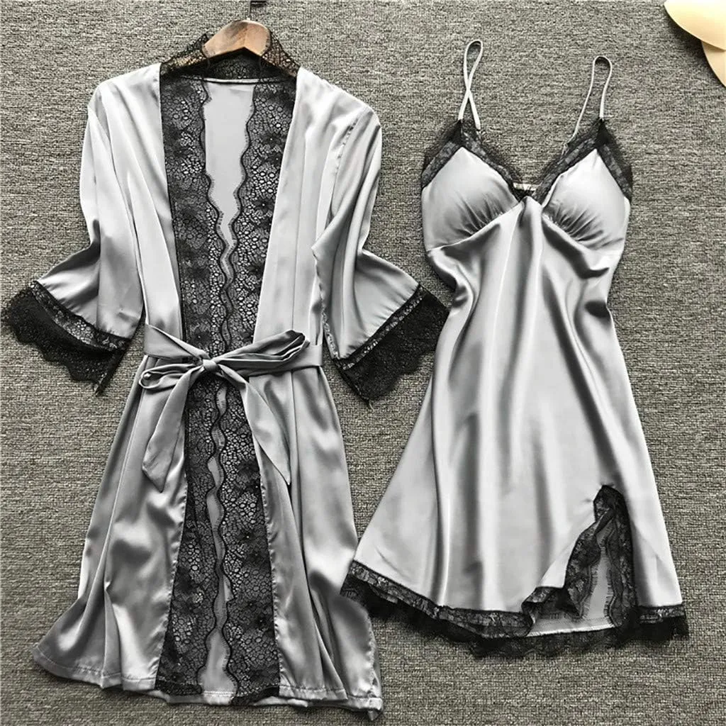 Women's 4PCS Silk Pajama Set Sexy Matching Satin Night Gowns Silky Sleepwear Soft Lace Loungewear Lingerie Pjs Sets