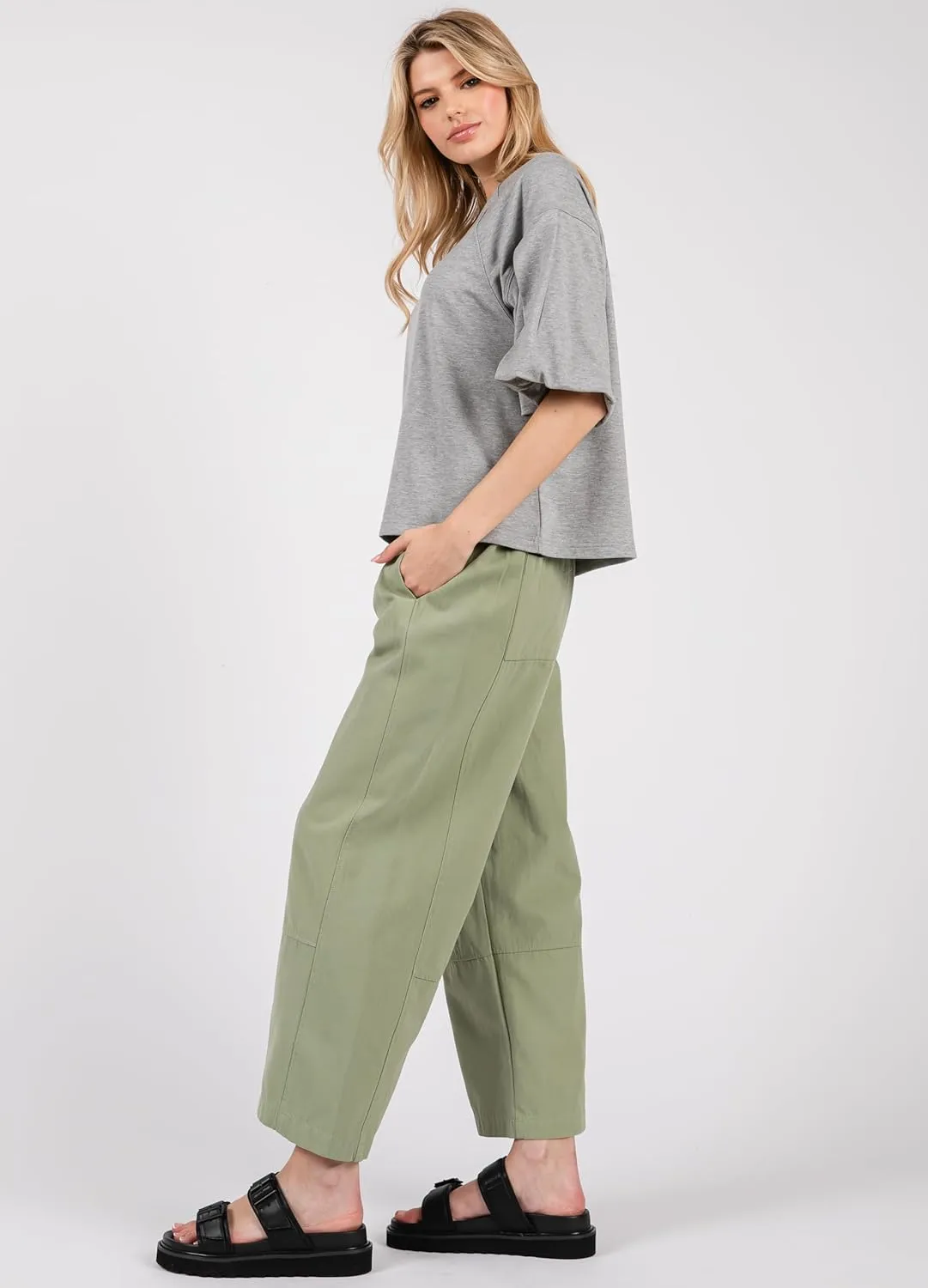 Women's Casual Cotton Linen Pants - Elastic Waist Relax Fit Lantern Trousers for Summer and Fall