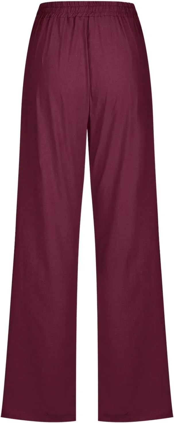 Womens Casual Cotton Linen Pants Lightweight Summer Relax Fit Elastic Waist Plus Size Solid Lounge Long Trousers