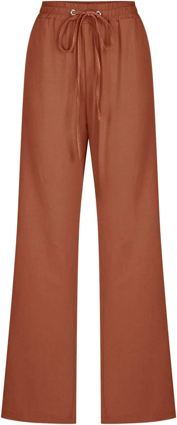 Womens Casual Cotton Linen Pants Lightweight Summer Relax Fit Elastic Waist Plus Size Solid Lounge Long Trousers