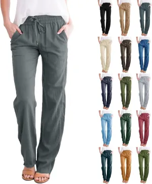 Womens Casual Cotton Linen Pants Lightweight Summer Relax Fit Elastic Waist Plus Size Solid Lounge Long Trousers