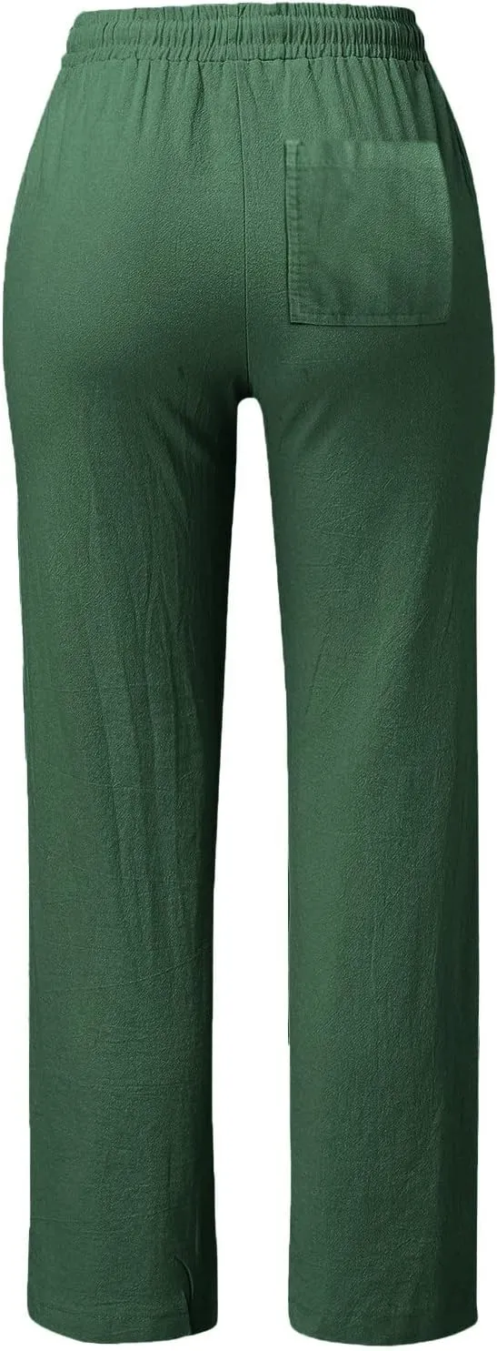 Womens Casual Cotton Linen Pants Lightweight Summer Relax Fit Elastic Waist Plus Size Solid Lounge Long Trousers