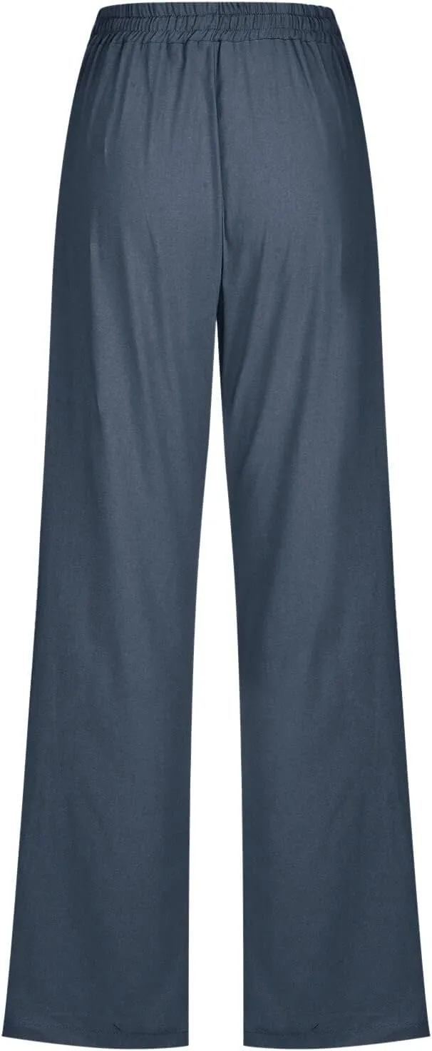 Womens Casual Cotton Linen Pants Lightweight Summer Relax Fit Elastic Waist Plus Size Solid Lounge Long Trousers
