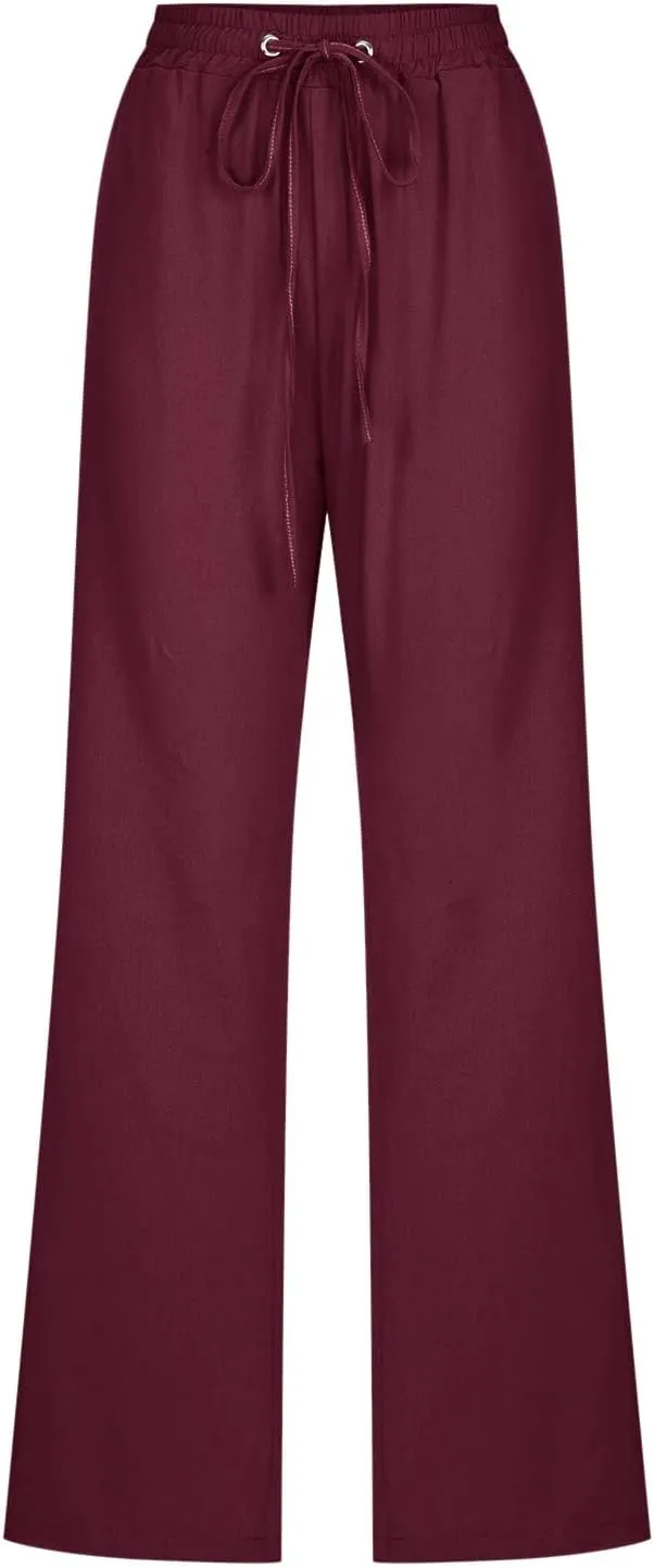 Womens Casual Cotton Linen Pants Lightweight Summer Relax Fit Elastic Waist Plus Size Solid Lounge Long Trousers
