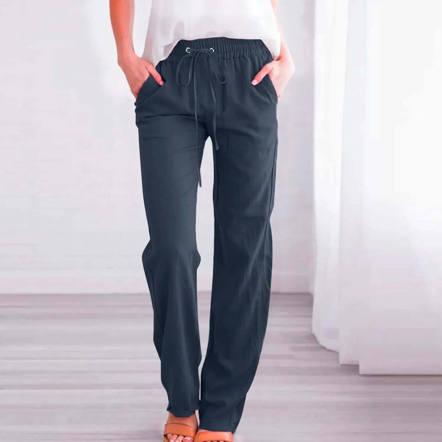 Womens Casual Cotton Linen Pants Lightweight Summer Relax Fit Elastic Waist Plus Size Solid Lounge Long Trousers