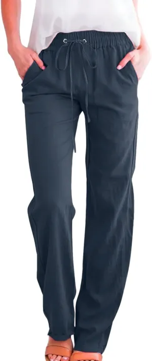 Womens Casual Cotton Linen Pants Lightweight Summer Relax Fit Elastic Waist Plus Size Solid Lounge Long Trousers