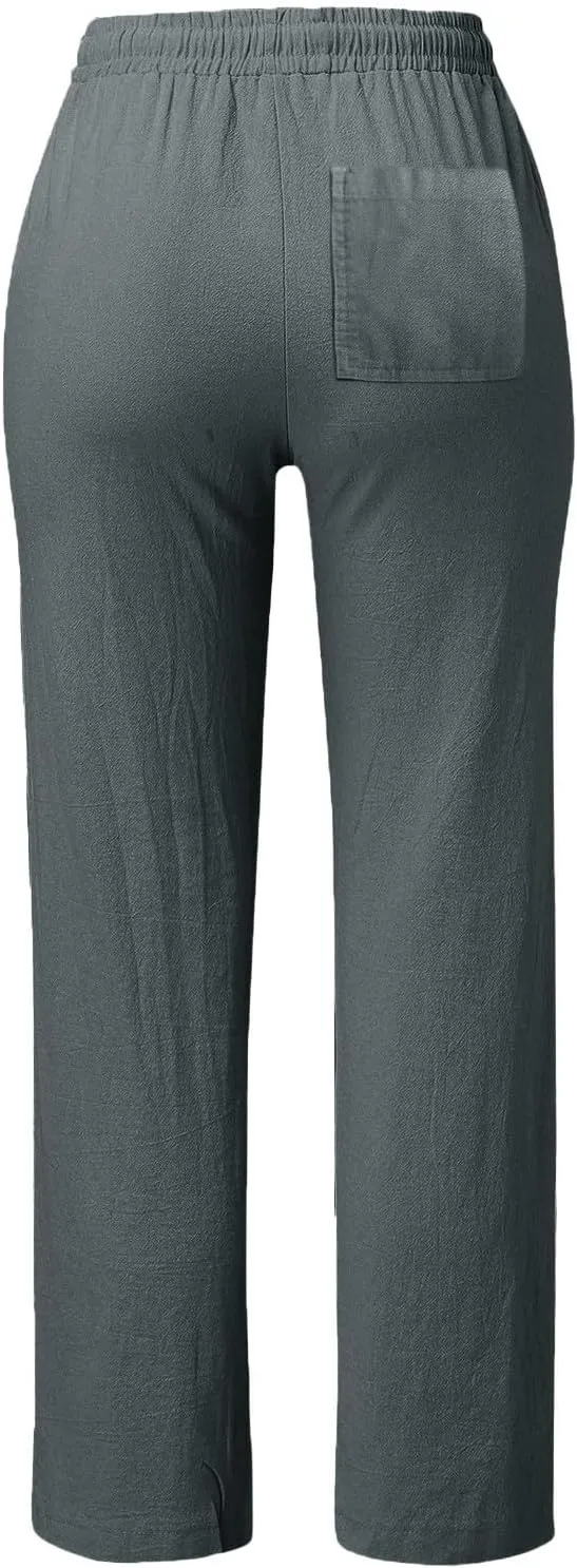 Womens Casual Cotton Linen Pants Lightweight Summer Relax Fit Elastic Waist Plus Size Solid Lounge Long Trousers