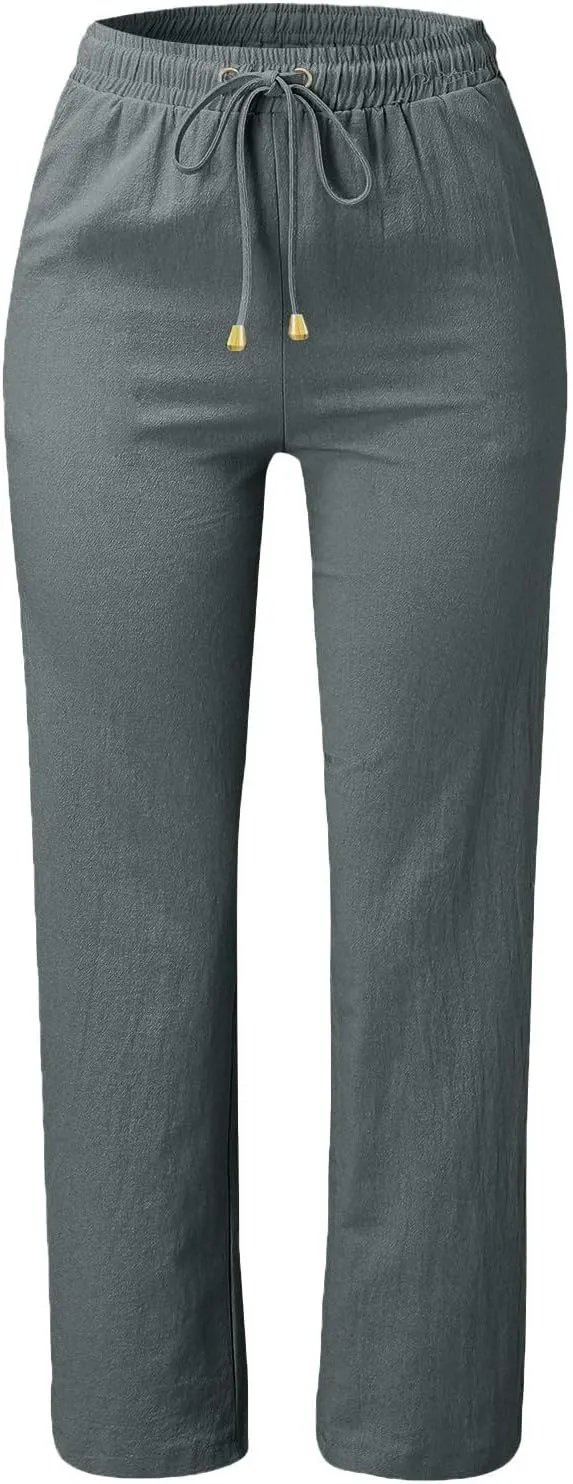 Womens Casual Cotton Linen Pants Lightweight Summer Relax Fit Elastic Waist Plus Size Solid Lounge Long Trousers