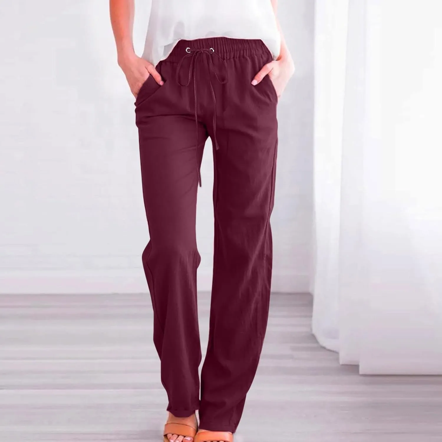Womens Casual Cotton Linen Pants Lightweight Summer Relax Fit Elastic Waist Plus Size Solid Lounge Long Trousers