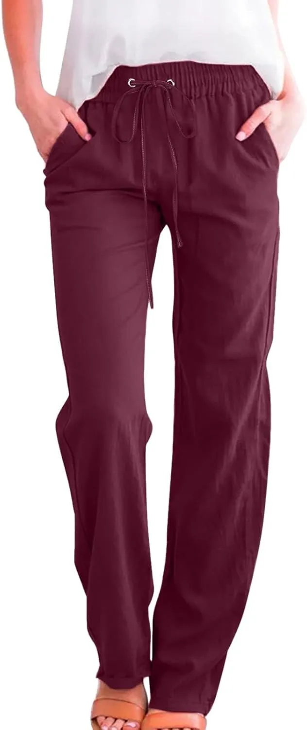 Womens Casual Cotton Linen Pants Lightweight Summer Relax Fit Elastic Waist Plus Size Solid Lounge Long Trousers