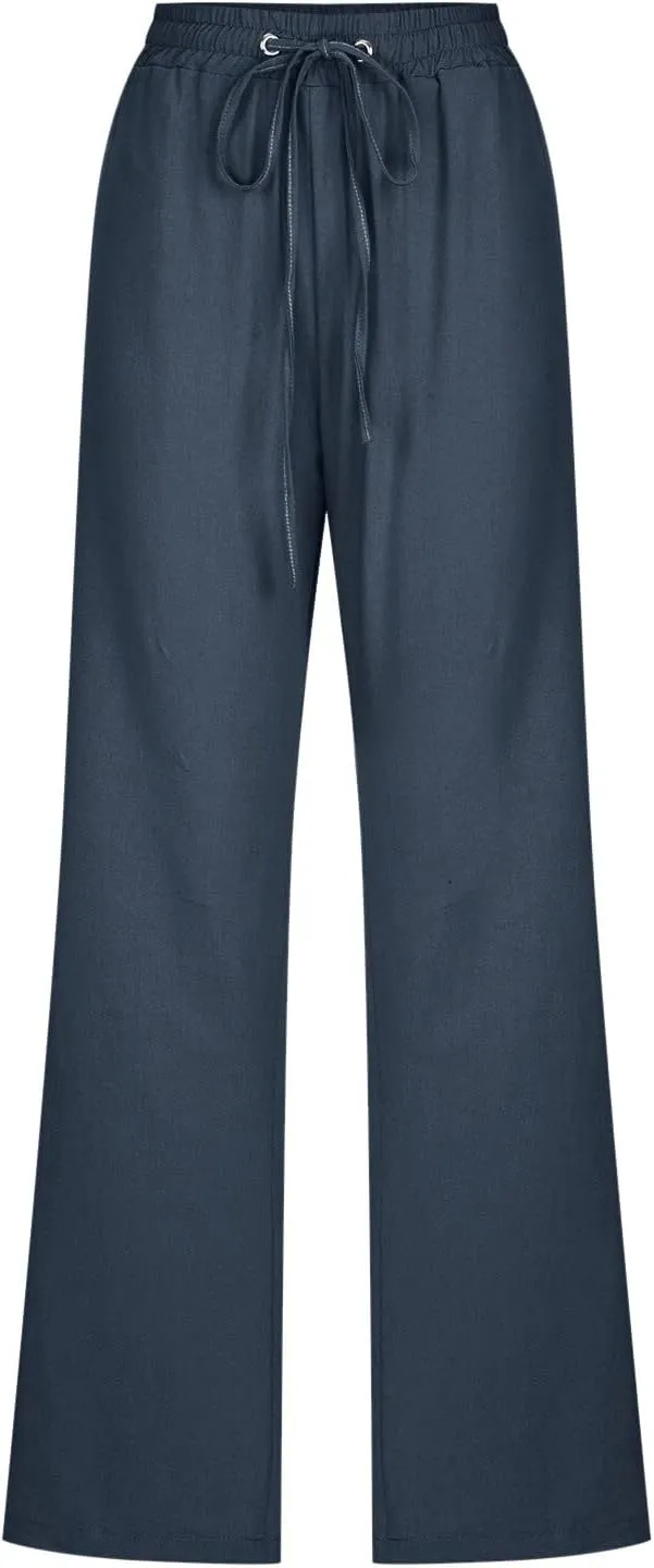 Womens Casual Cotton Linen Pants Lightweight Summer Relax Fit Elastic Waist Plus Size Solid Lounge Long Trousers