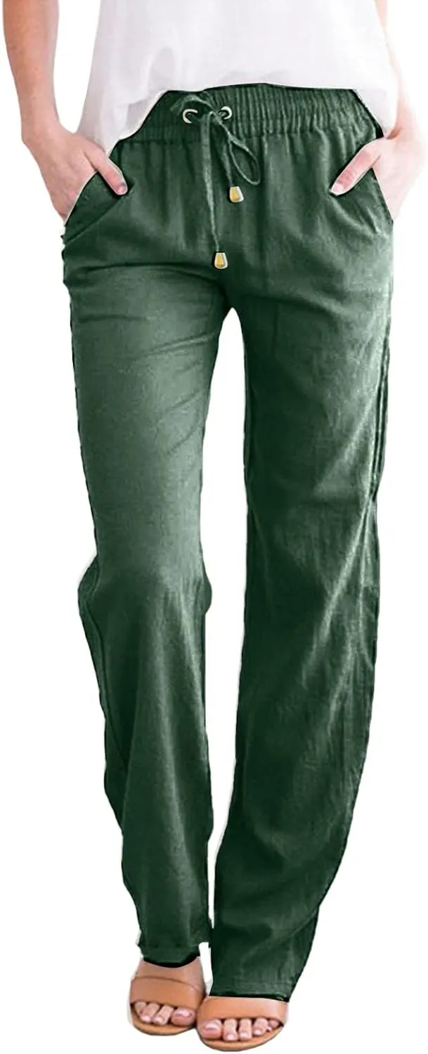 Womens Casual Cotton Linen Pants Lightweight Summer Relax Fit Elastic Waist Plus Size Solid Lounge Long Trousers