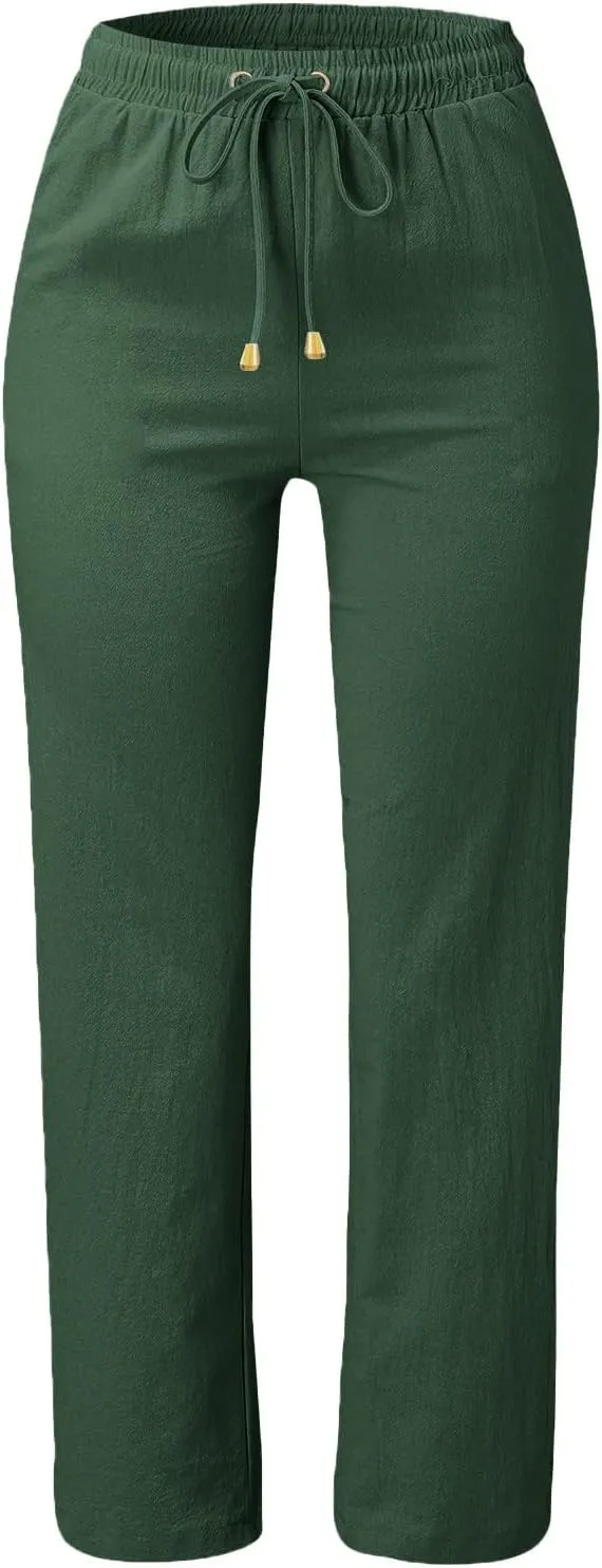 Womens Casual Cotton Linen Pants Lightweight Summer Relax Fit Elastic Waist Plus Size Solid Lounge Long Trousers