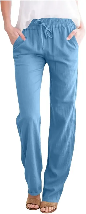 Women's Casual Cotton Linen Pants Summer Relax Fit Elastic Waist Straight Leg Slacks Comfy Solid Lounge Long Trousers