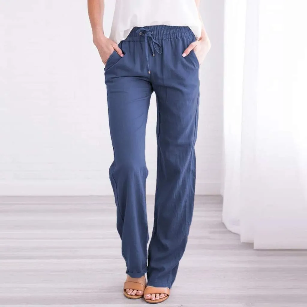 Women's Casual Cotton Linen Pants Summer Relax Fit Elastic Waist Straight Leg Slacks Comfy Solid Lounge Long Trousers