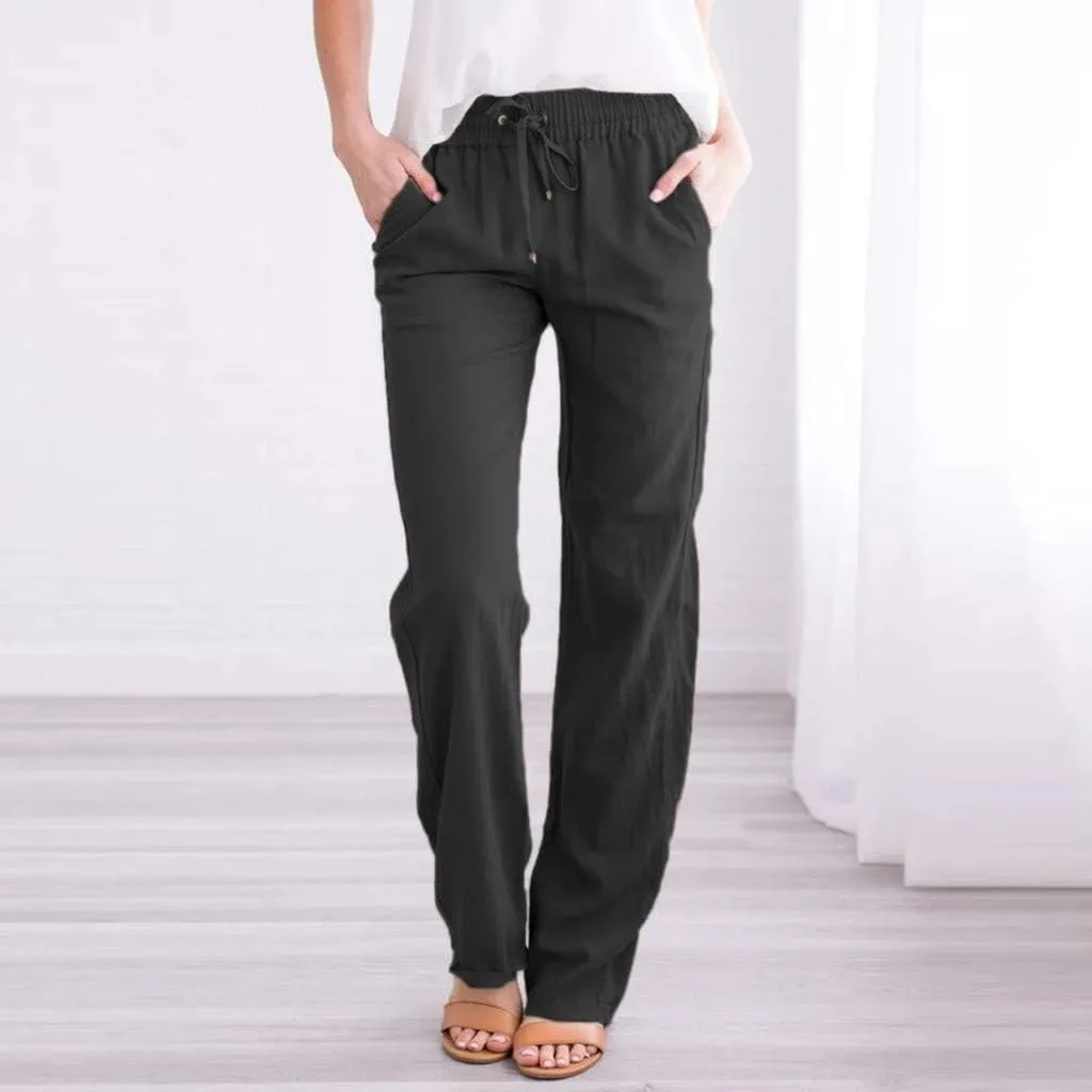 Women's Casual Cotton Linen Pants Summer Relax Fit Elastic Waist Straight Leg Slacks Comfy Solid Lounge Long Trousers
