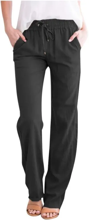 Women's Casual Cotton Linen Pants Summer Relax Fit Elastic Waist Straight Leg Slacks Comfy Solid Lounge Long Trousers