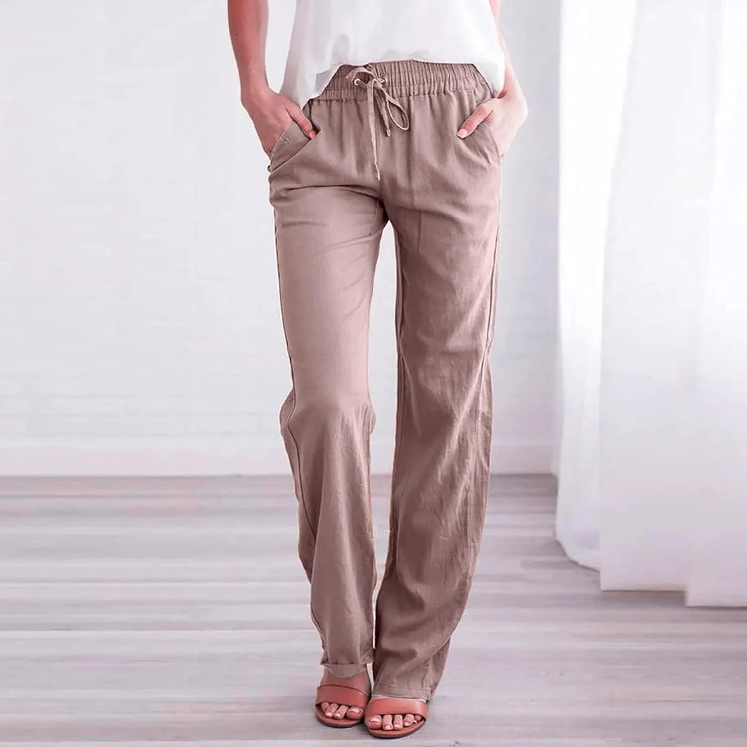 Women's Casual Cotton Linen Pants Summer Relax Fit Elastic Waist Straight Leg Slacks Comfy Solid Lounge Long Trousers