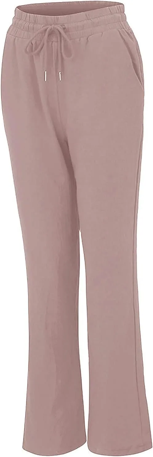 Women's Casual Cotton Linen Pants Summer Relax Fit Elastic Waist Straight Leg Slacks Comfy Solid Lounge Long Trousers