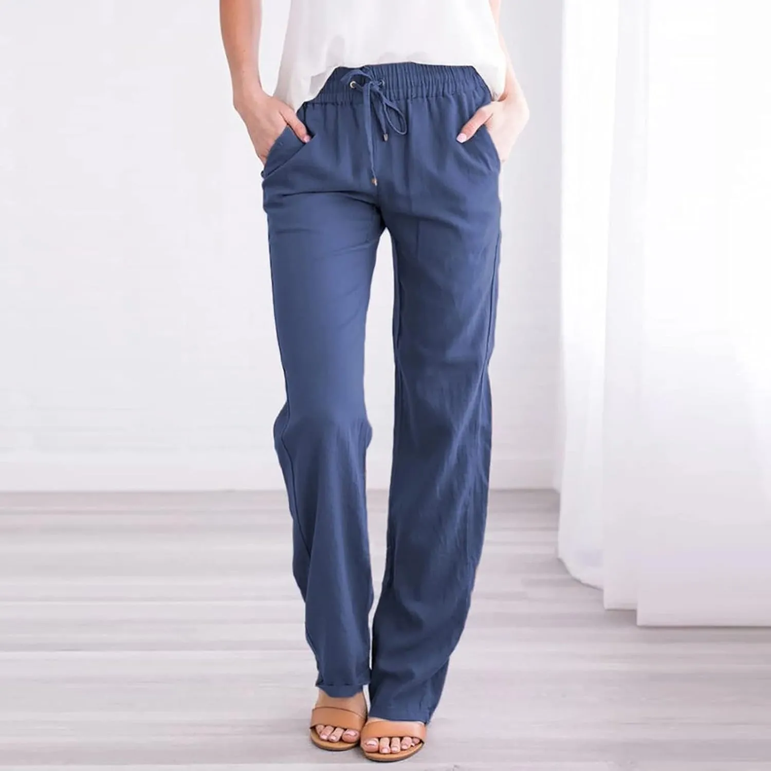 Women's Casual Cotton Linen Pants Summer Relax Fit Elastic Waist Straight Leg Slacks Comfy Solid Lounge Long Trousers