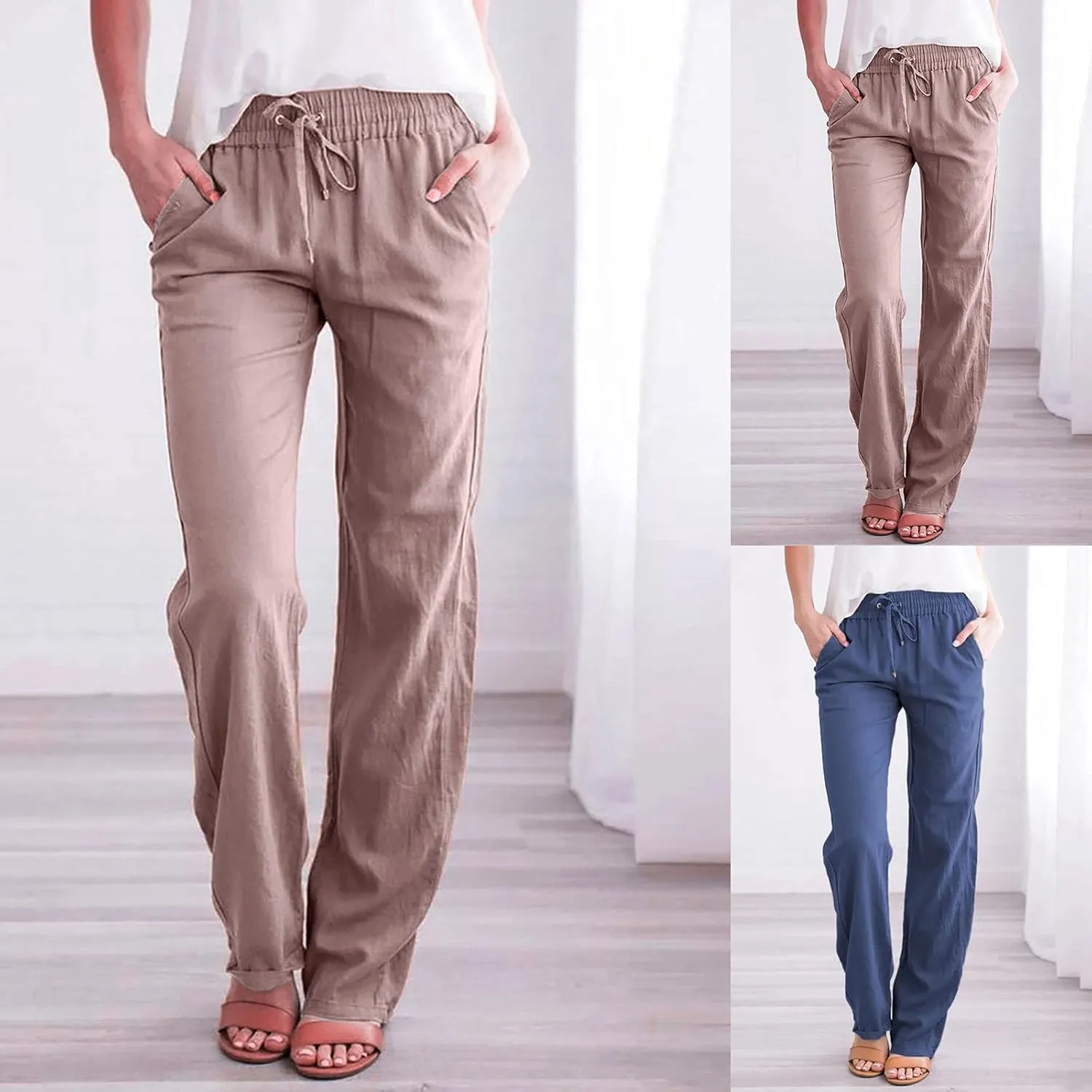 Women's Casual Cotton Linen Pants Summer Relax Fit Elastic Waist Straight Leg Slacks Comfy Solid Lounge Long Trousers