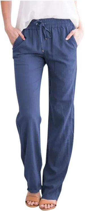Women's Casual Cotton Linen Pants Summer Relax Fit Elastic Waist Straight Leg Slacks Comfy Solid Lounge Long Trousers