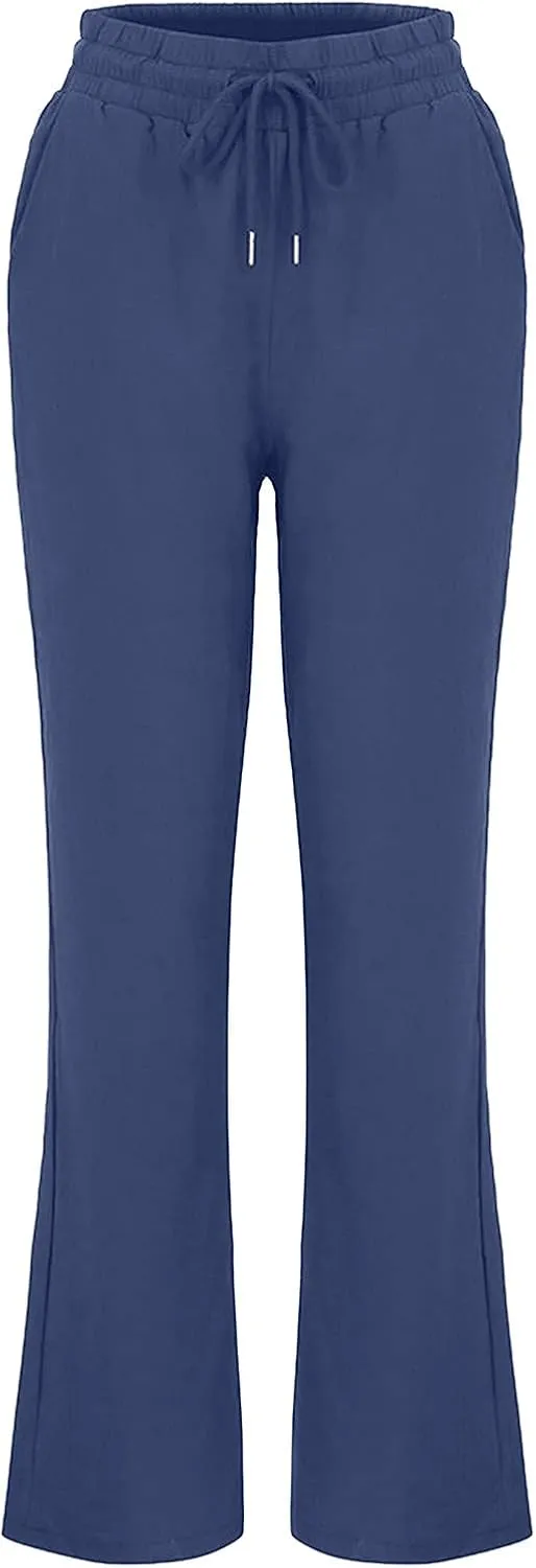 Women's Casual Cotton Linen Pants Summer Relax Fit Elastic Waist Straight Leg Slacks Comfy Solid Lounge Long Trousers