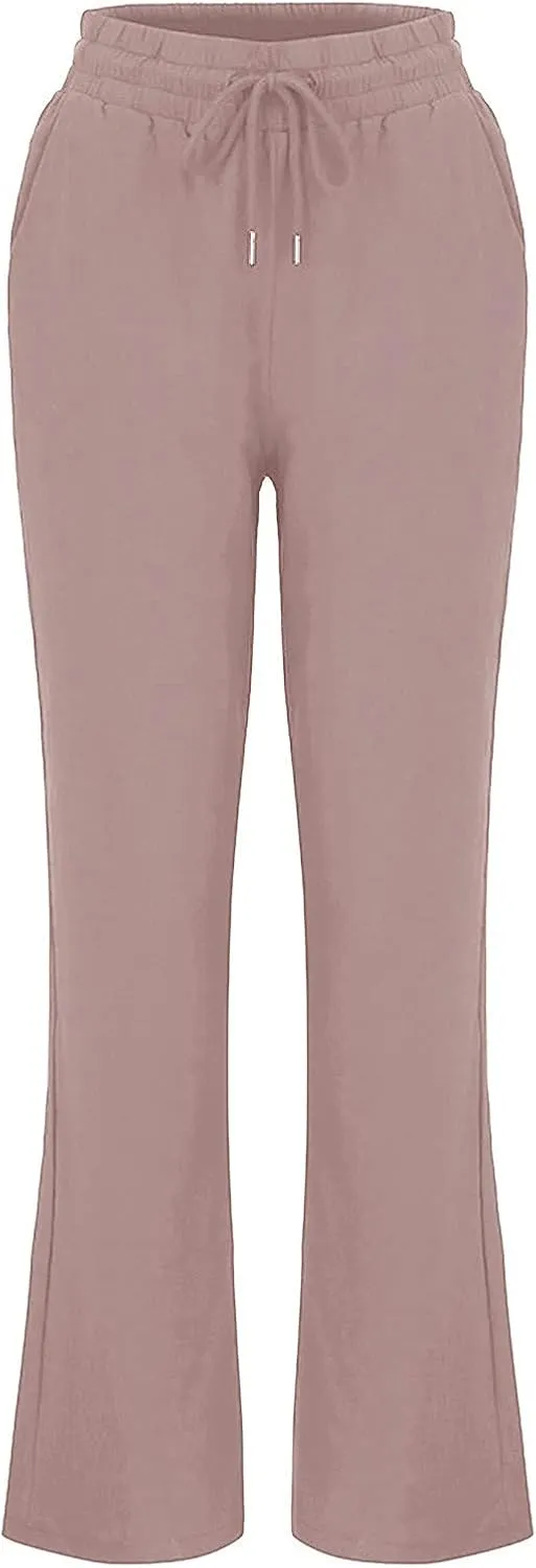 Women's Casual Cotton Linen Pants Summer Relax Fit Elastic Waist Straight Leg Slacks Comfy Solid Lounge Long Trousers