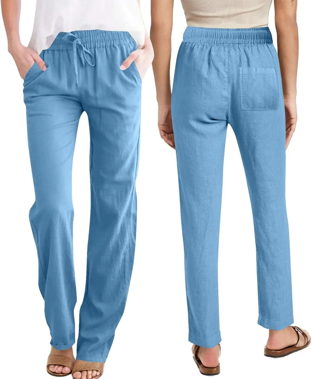 Women's Casual Cotton Linen Pants Summer Relax Fit Elastic Waist Straight Leg Slacks Comfy Solid Lounge Long Trousers