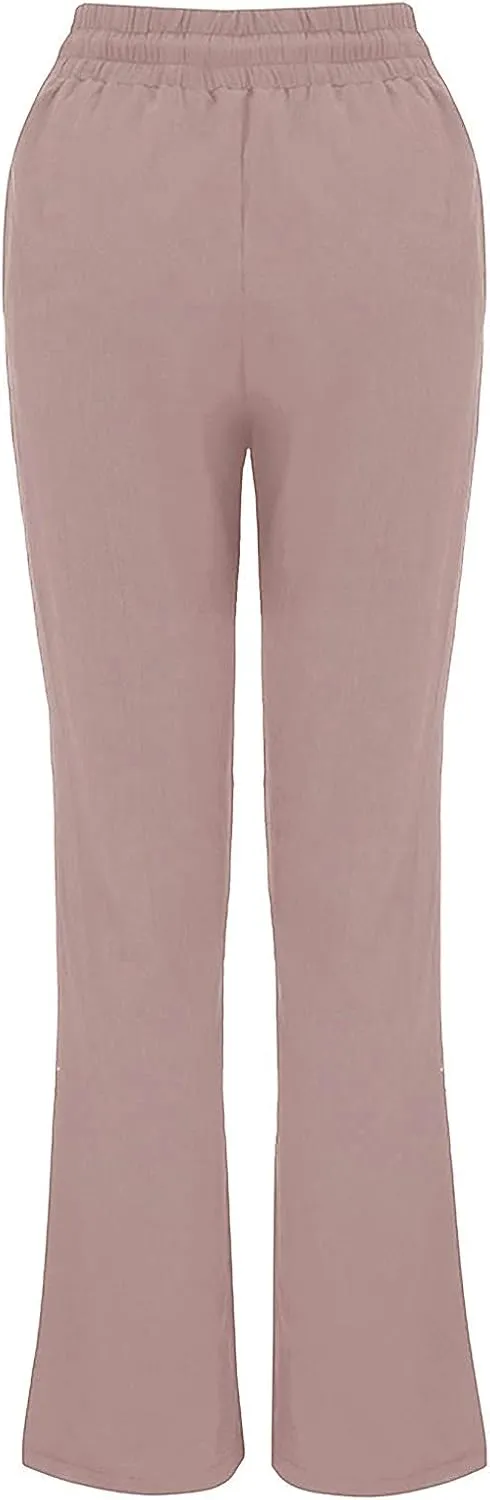 Women's Casual Cotton Linen Pants Summer Relax Fit Elastic Waist Straight Leg Slacks Comfy Solid Lounge Long Trousers