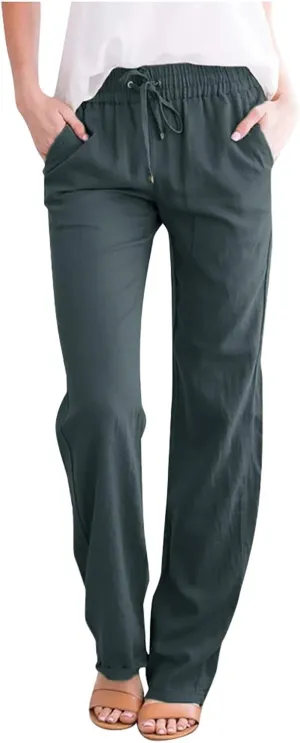 Women's Casual Cotton Linen Pants Summer Relax Fit Elastic Waist Straight Leg Slacks Comfy Solid Lounge Long Trousers