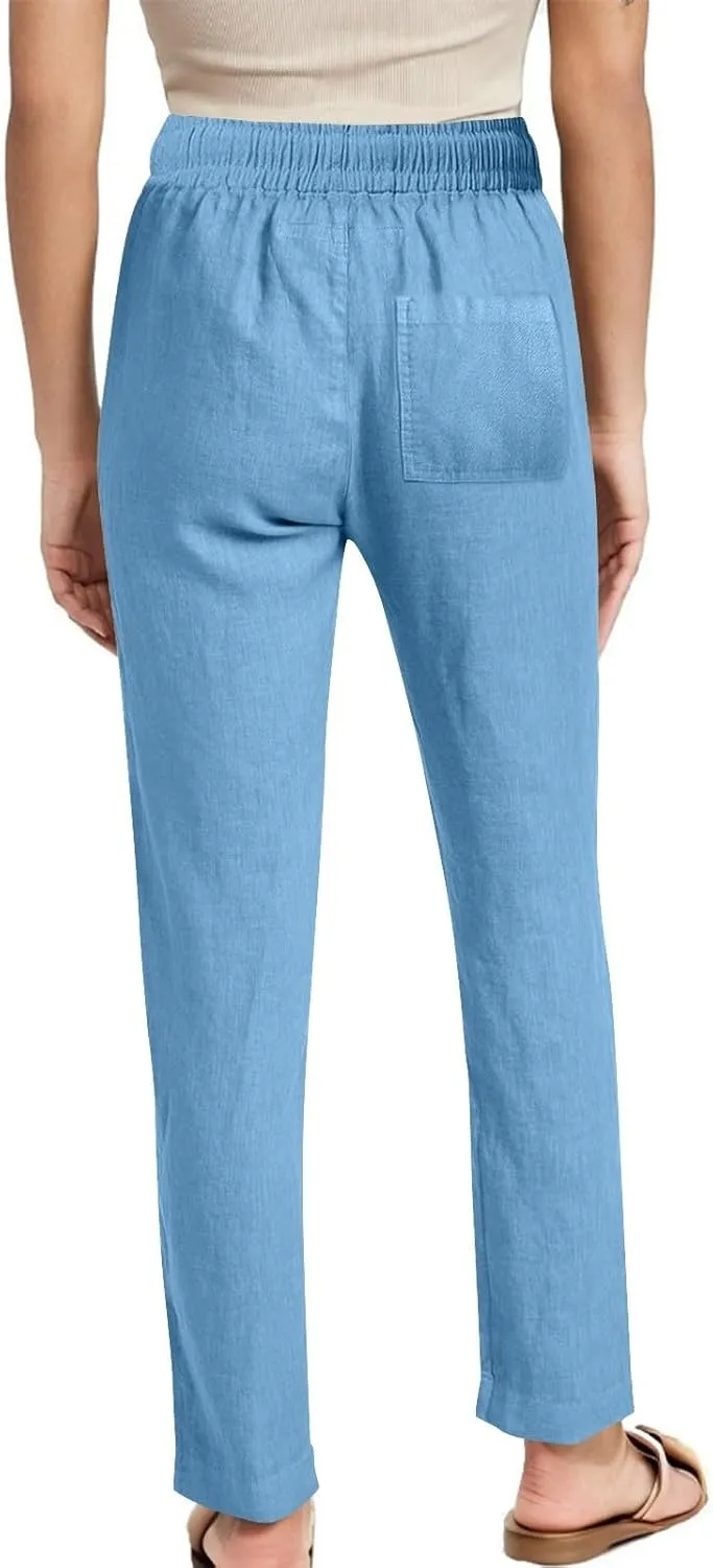 Women's Casual Cotton Linen Pants Summer Relax Fit Elastic Waist Straight Leg Slacks Comfy Solid Lounge Long Trousers
