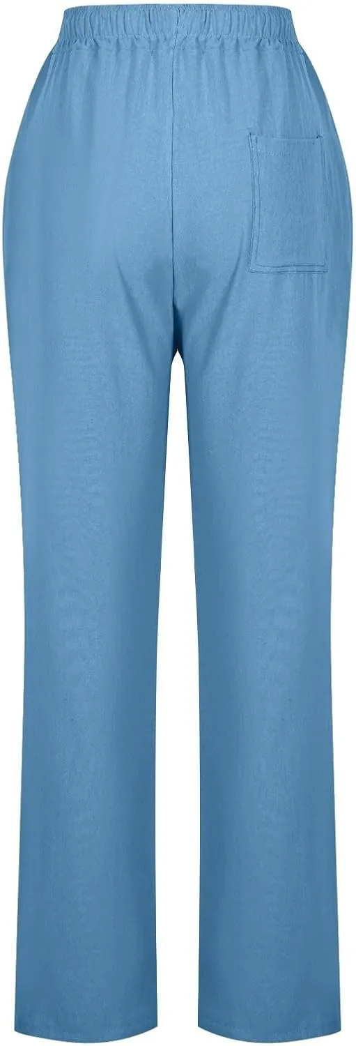 Women's Casual Cotton Linen Pants Summer Relax Fit Elastic Waist Straight Leg Slacks Comfy Solid Lounge Long Trousers