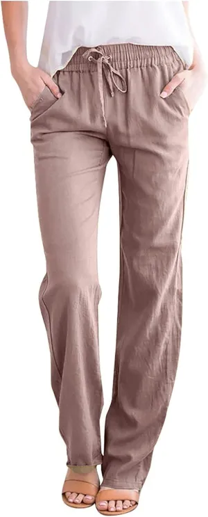 Women's Casual Cotton Linen Pants Summer Relax Fit Elastic Waist Straight Leg Slacks Comfy Solid Lounge Long Trousers