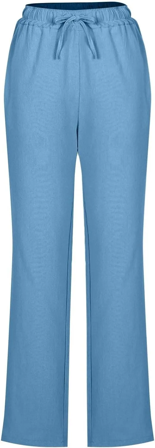 Women's Casual Cotton Linen Pants Summer Relax Fit Elastic Waist Straight Leg Slacks Comfy Solid Lounge Long Trousers