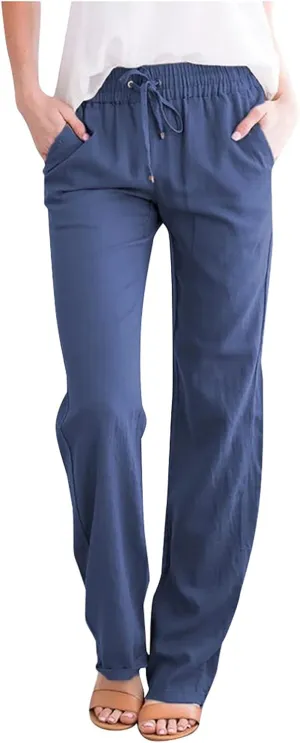 Women's Casual Cotton Linen Pants Summer Relax Fit Elastic Waist Straight Leg Slacks Comfy Solid Lounge Long Trousers