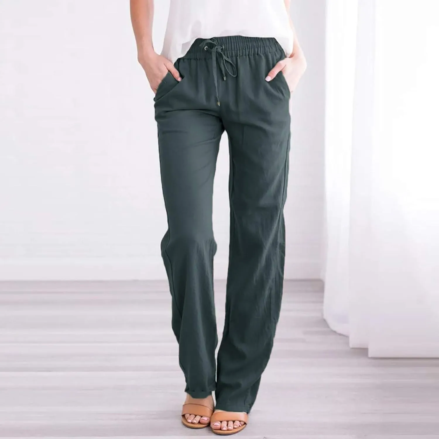 Women's Casual Cotton Linen Pants Summer Relax Fit Elastic Waist Straight Leg Slacks Comfy Solid Lounge Long Trousers