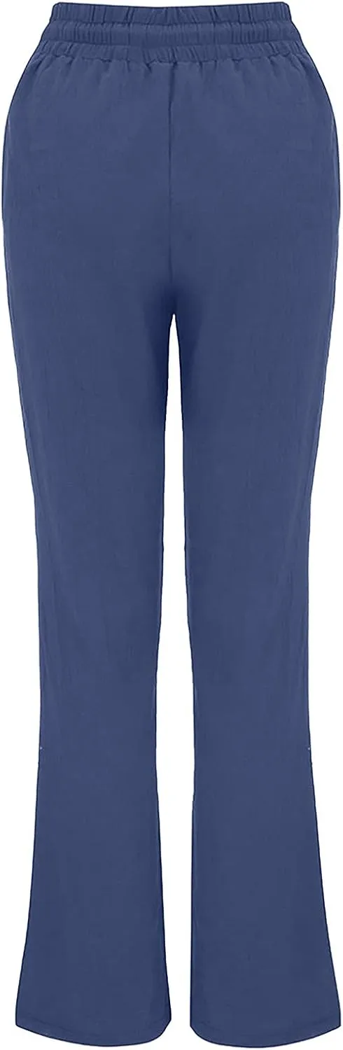 Women's Casual Cotton Linen Pants Summer Relax Fit Elastic Waist Straight Leg Slacks Comfy Solid Lounge Long Trousers