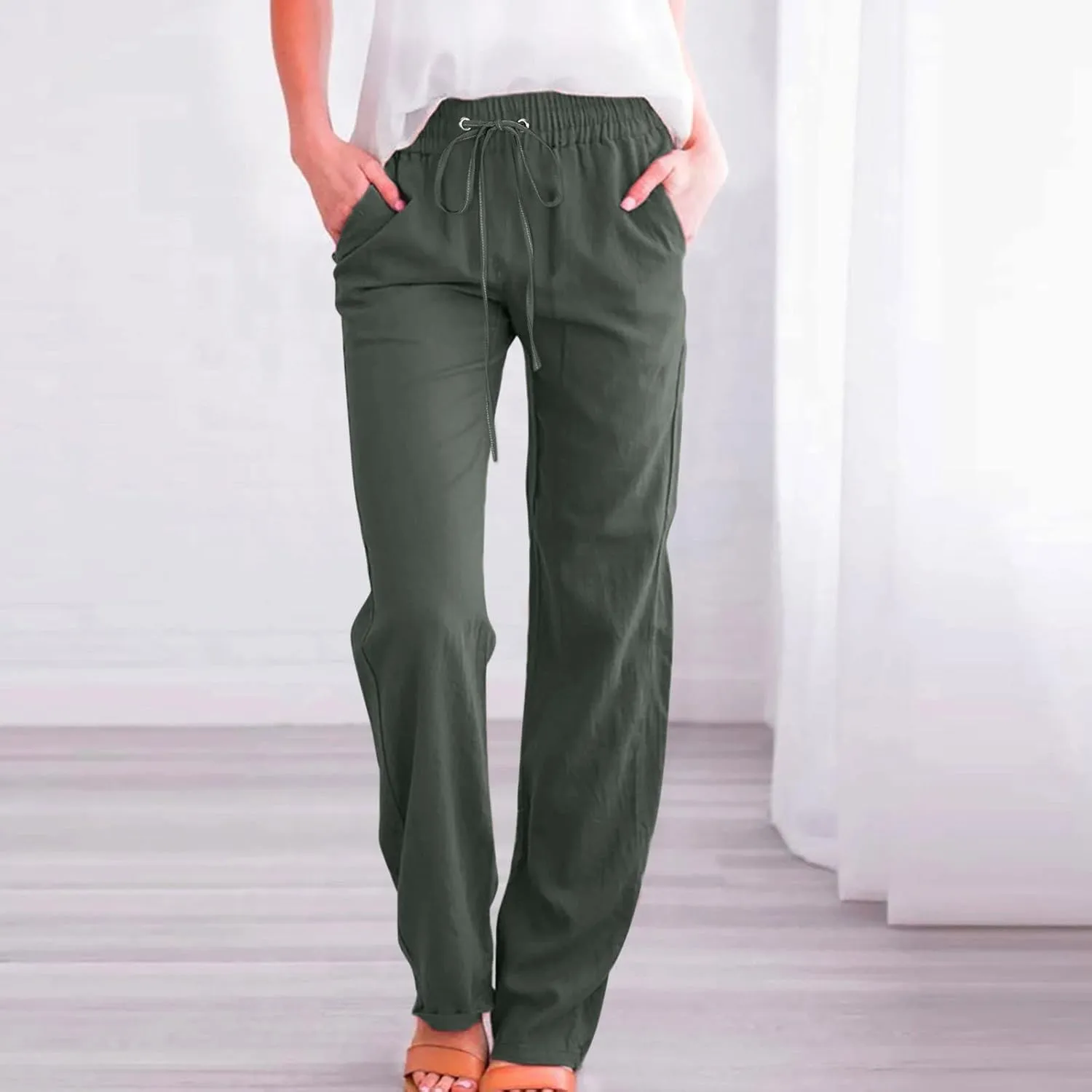 Women's Casual Linen Pants Lightweight Summer Relax Fit Elastic Waist Plus Size Pants Loose Trousers with Pockets