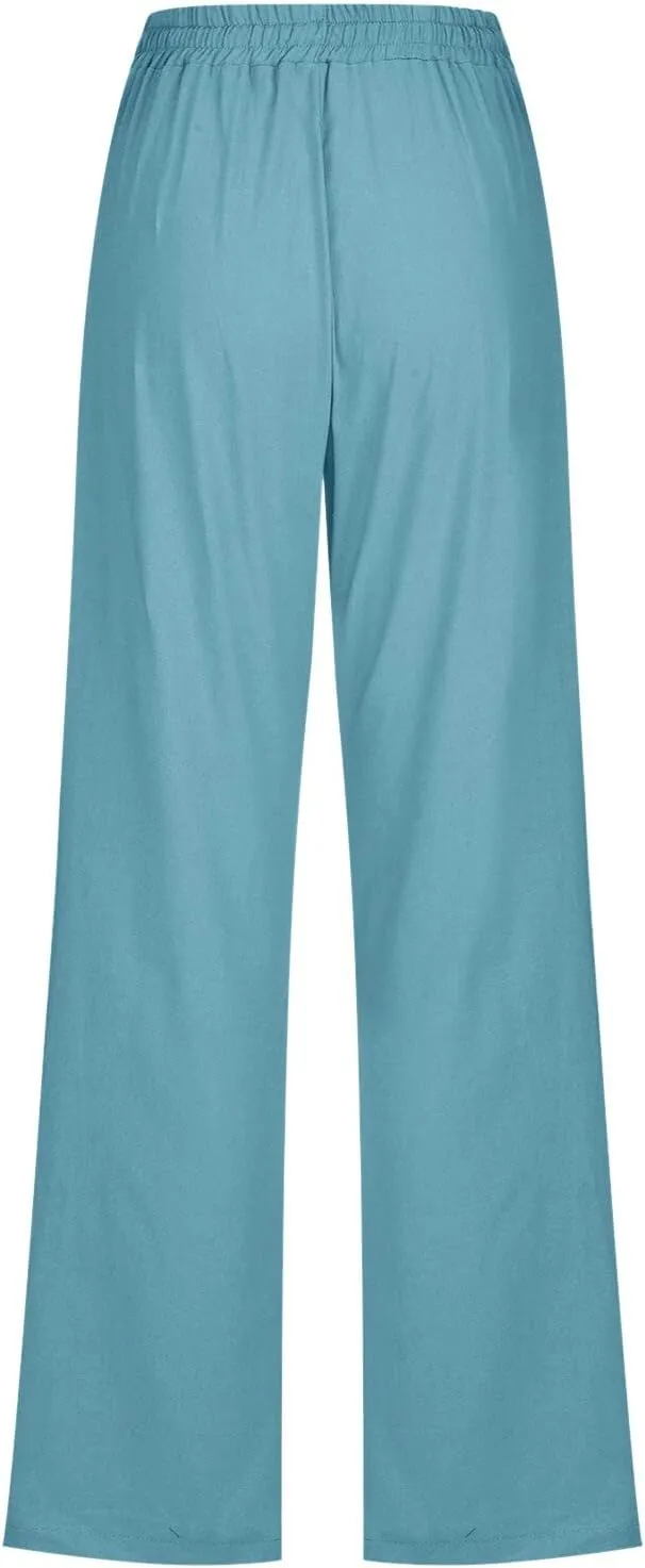 Women's Casual Linen Pants Lightweight Summer Relax Fit Elastic Waist Plus Size Pants Loose Trousers with Pockets