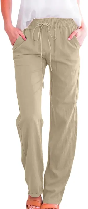 Women's Casual Linen Pants Lightweight Summer Relax Fit Elastic Waist Plus Size Pants Loose Trousers with Pockets